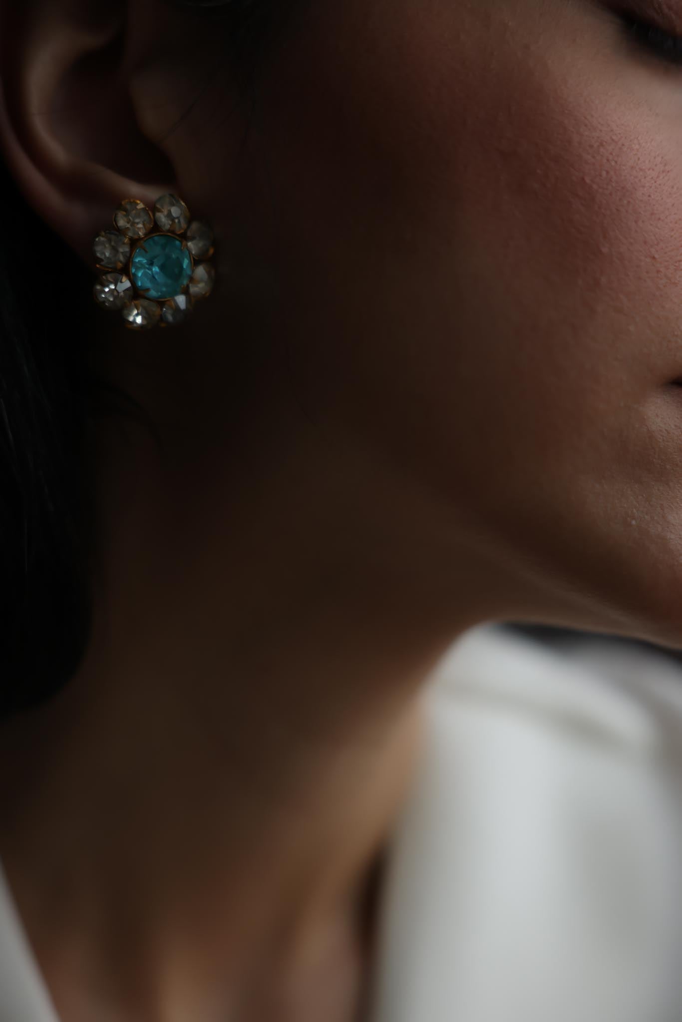 Blue Glass and Rhinestone Screw-Back Earrings