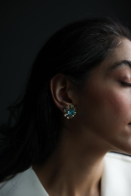 Blue Glass and Rhinestone Screw-Back Earrings