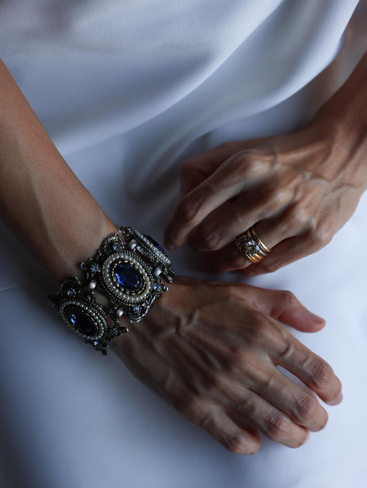 Antique Silver-Tone Bracelet with Blue Glass and Faux Pearls
