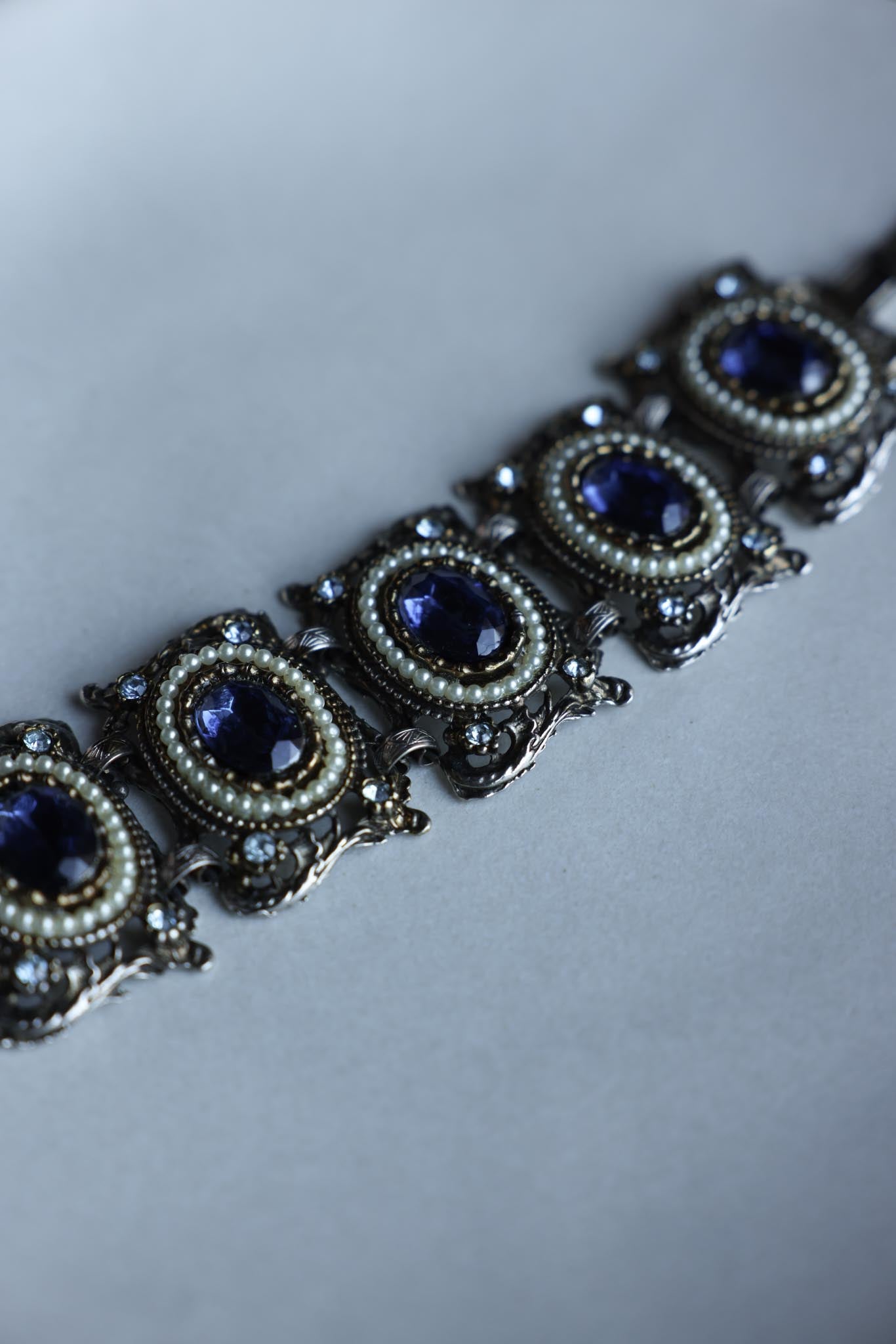 Antique Silver-Tone Bracelet with Blue Glass and Faux Pearls