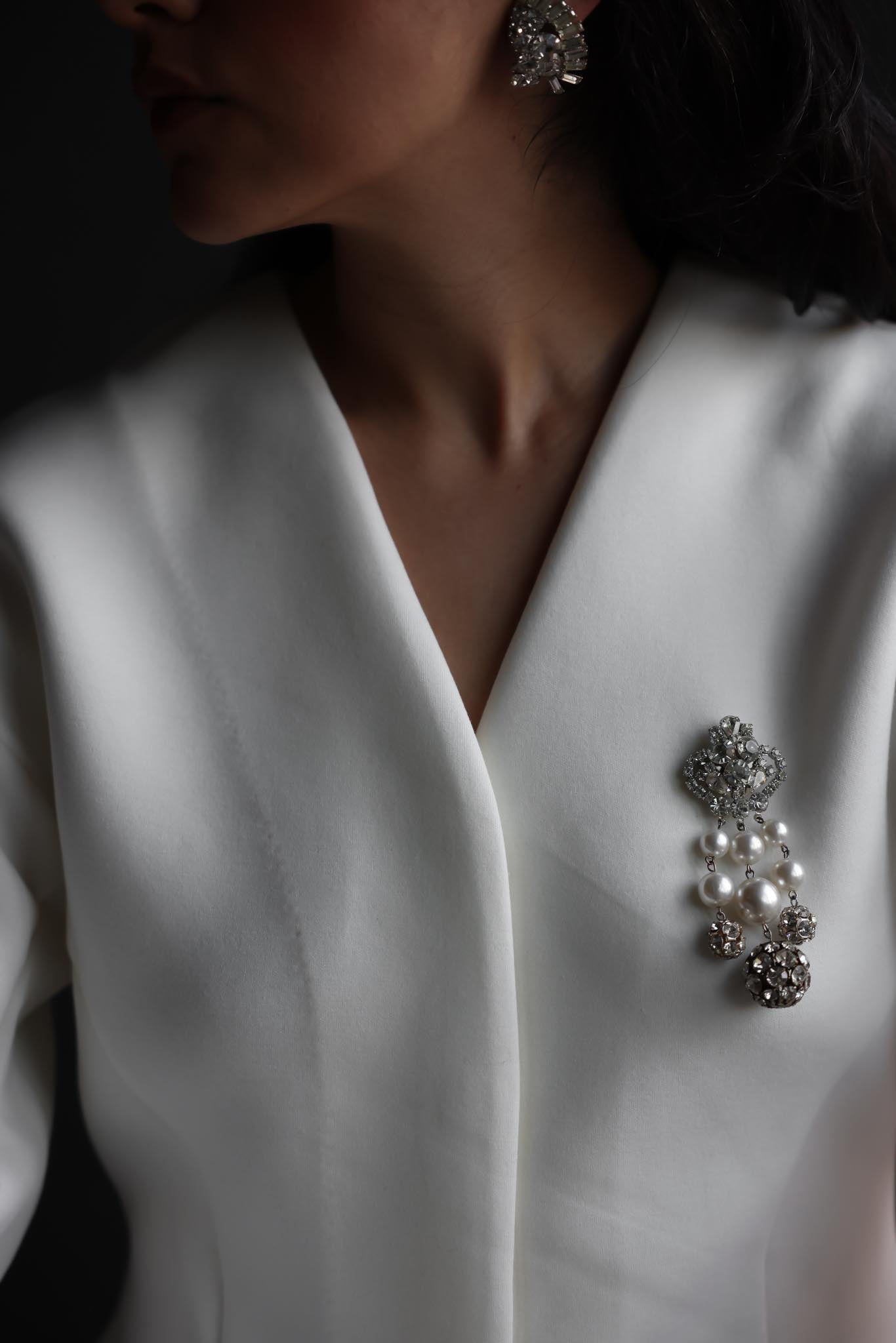 Rhinestone and Faux Pearl Dangle Brooch