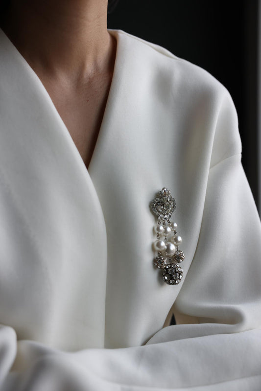 Rhinestone and Faux Pearl Dangle Brooch