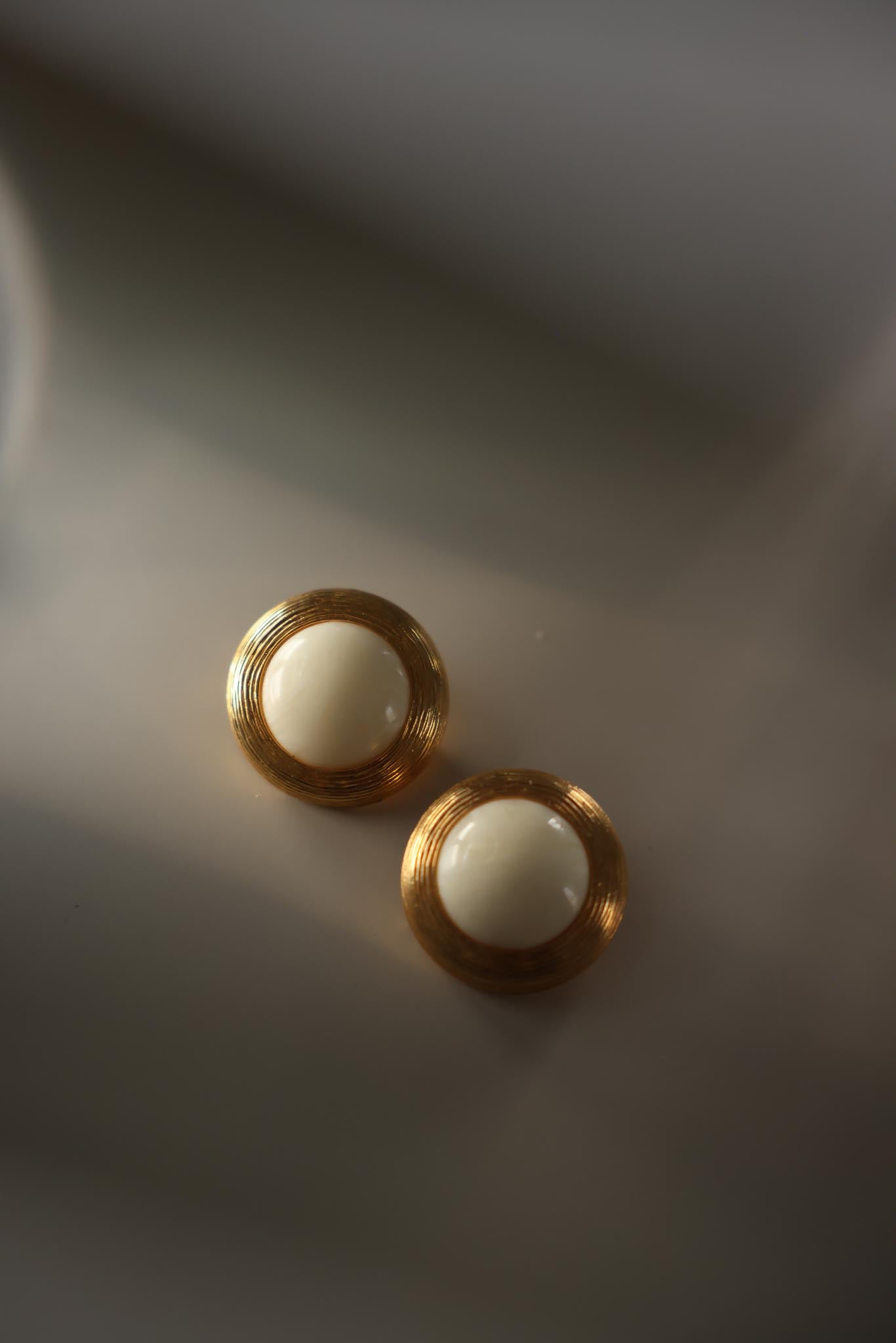 Liz Claiborne Milky White Cabochon Clip-On Earrings 1980s | Gold Tone Statement Earrings|Vintage Baazaar 