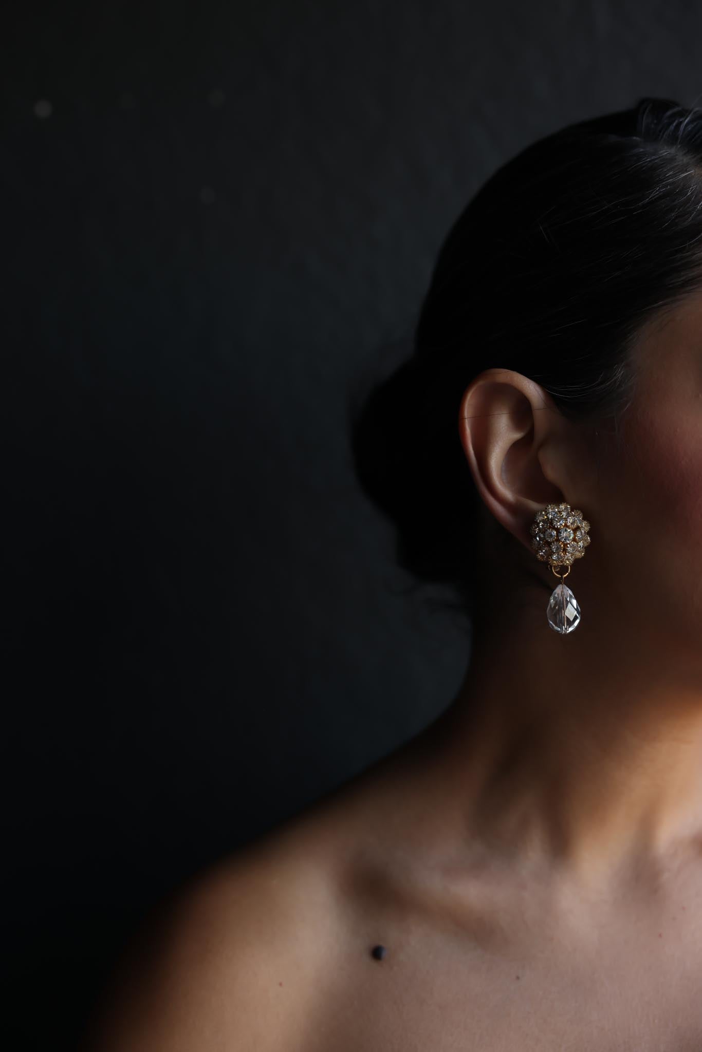 Gold-Tone Rhinestone Cluster Clip-On Earrings with Crystal Drops