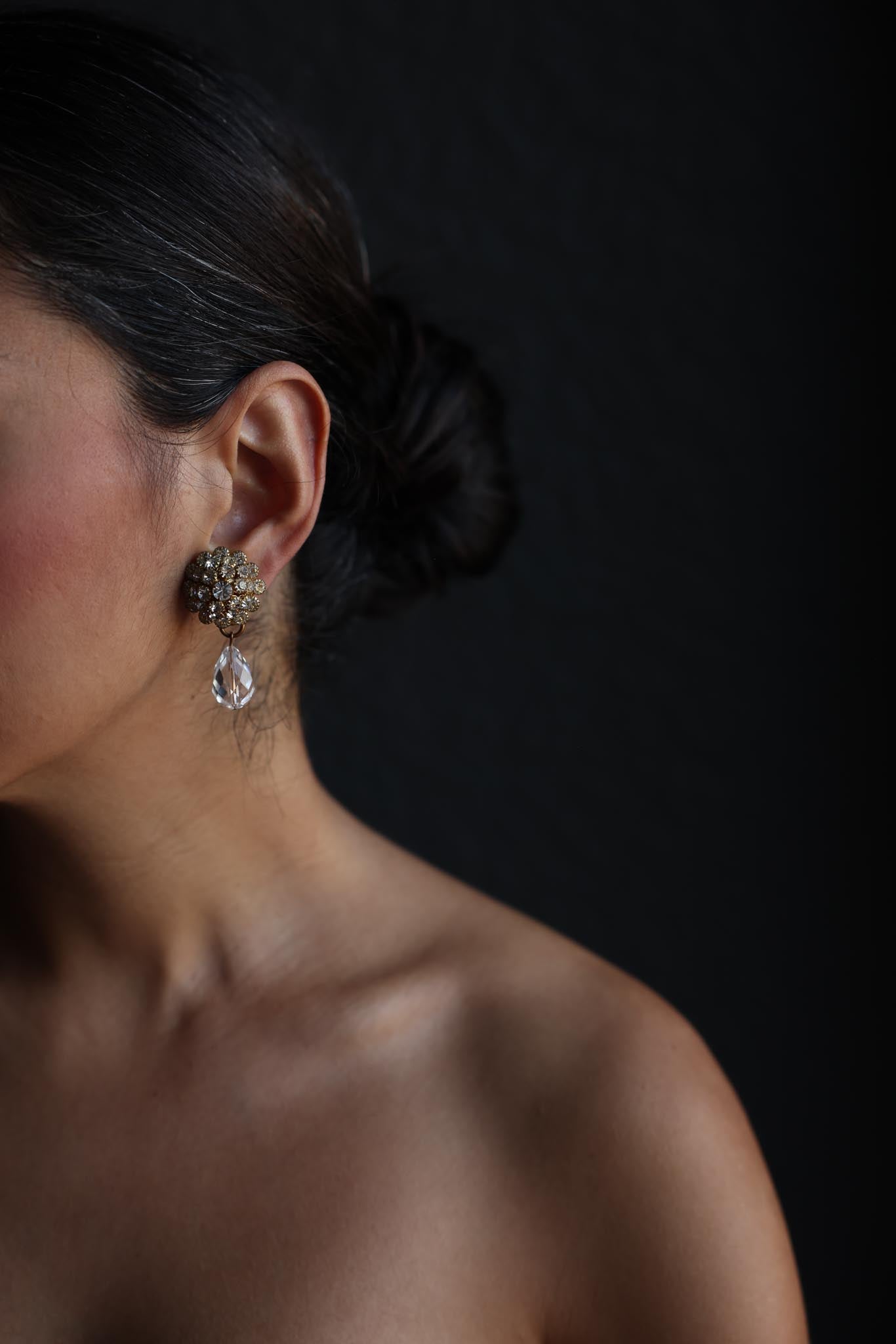 Gold-Tone Rhinestone Cluster Clip-On Earrings with Crystal Drops