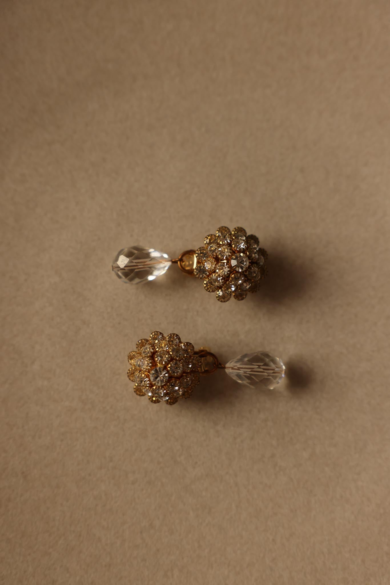 Gold-Tone Rhinestone Cluster Clip-On Earrings with Crystal Drops