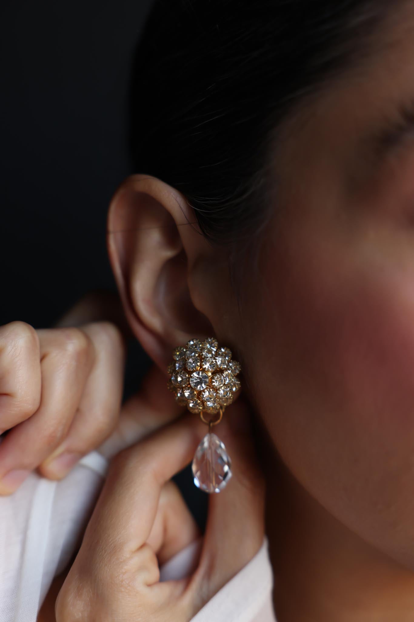 Gold-Tone Rhinestone Cluster Clip-On Earrings with Crystal Drops