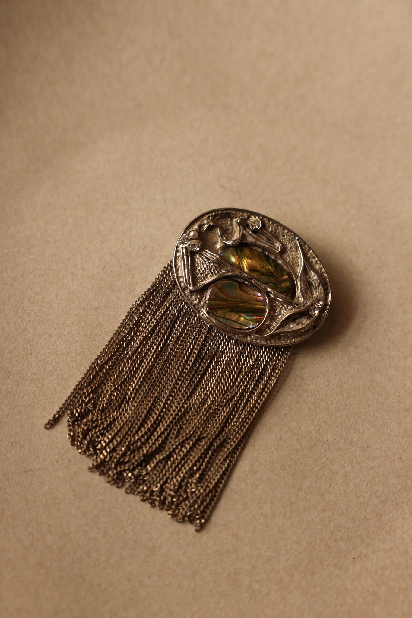 Silver Tone Tassel Brooch with Green and White Natural Stones