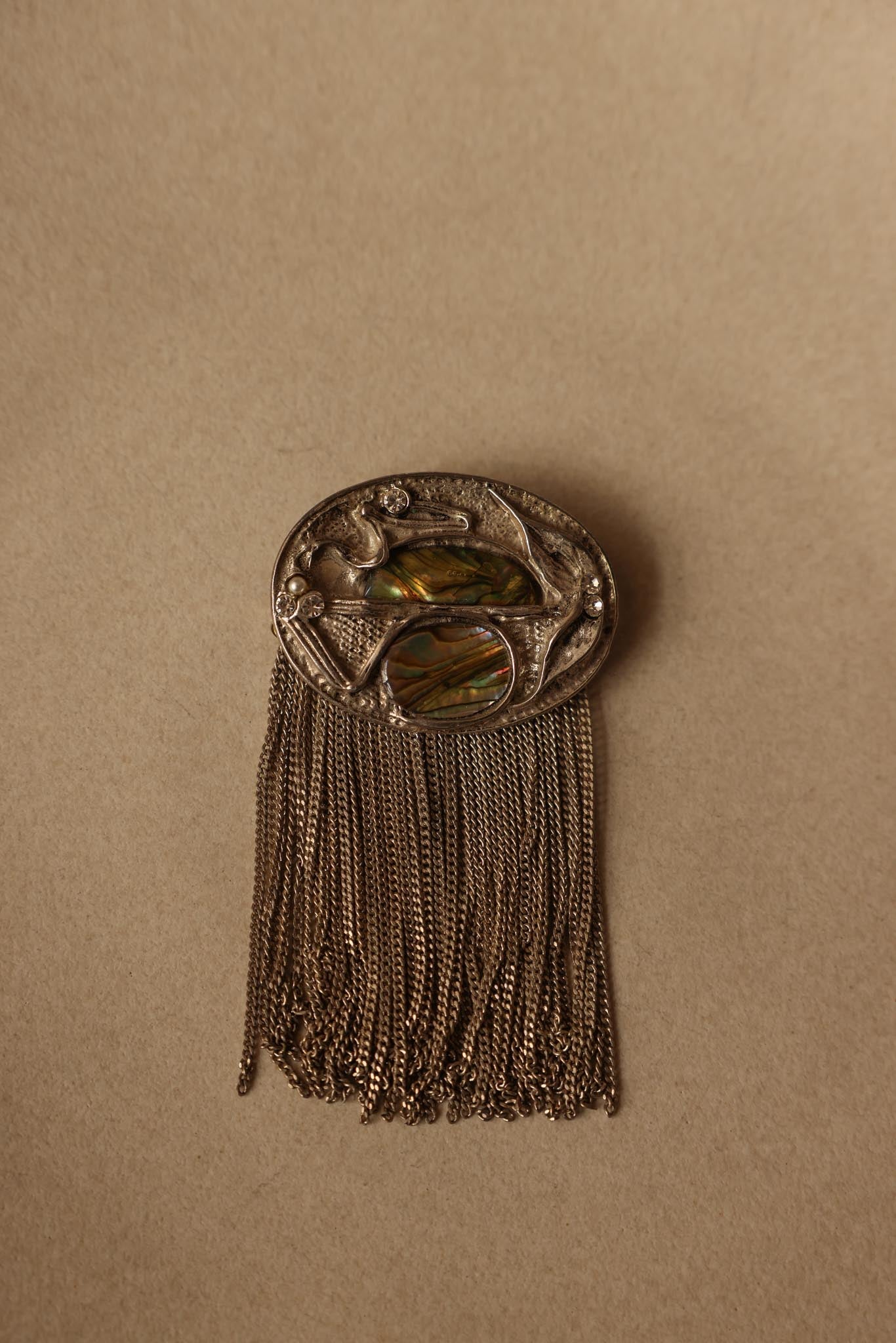 Silver Tone Tassel Brooch with Green and White Natural Stones
