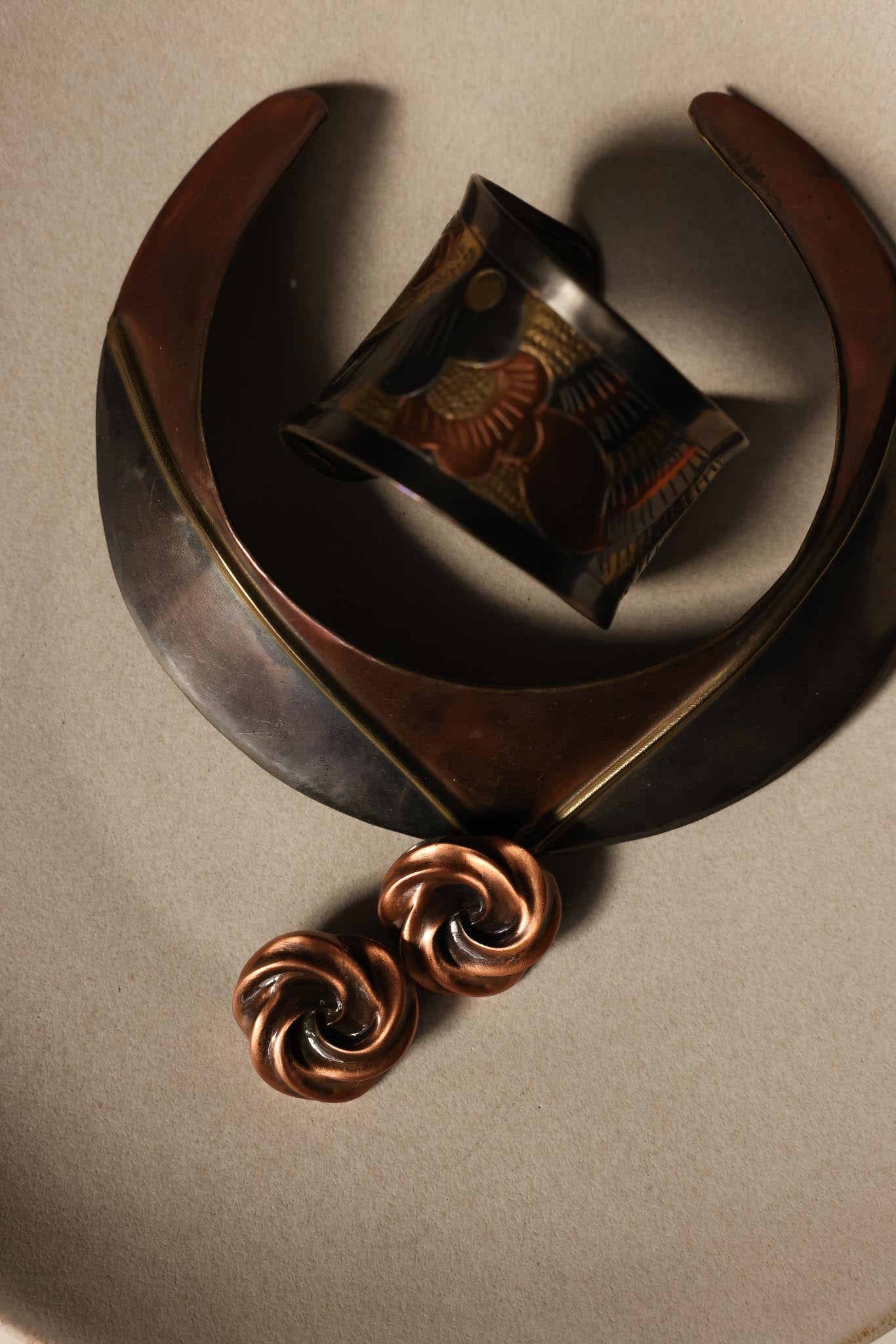 Mixed Metal Collar, Cuff, and Bronze Earrings|Vintage Baazaar 