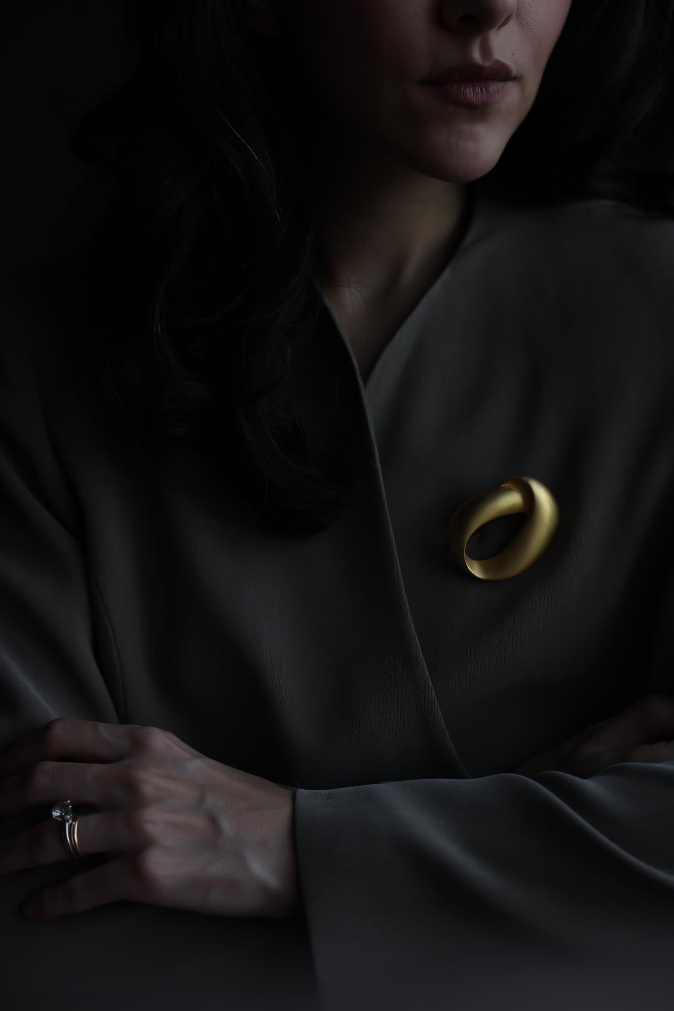 Matte Gold Plated Sculptural Oval Brooch