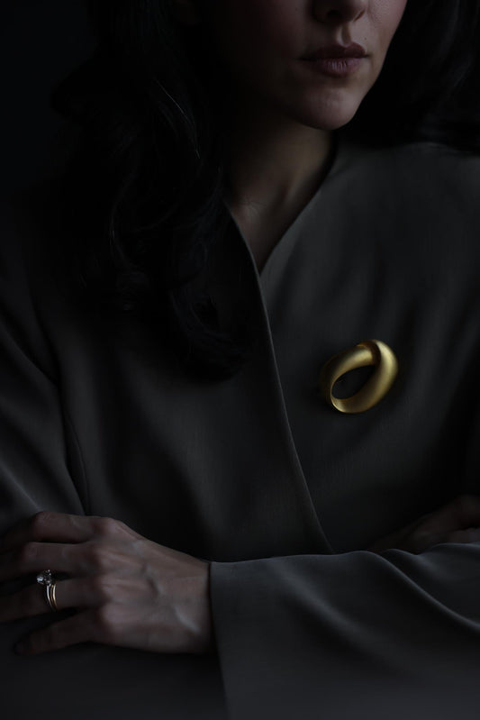 Matte Gold Plated Sculptural Oval Brooch