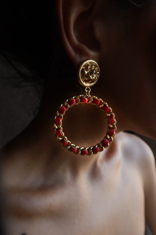 Gold Hoop Earrings with Red Woven Leather|Vintage Baazaar 