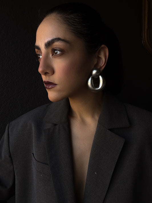Silver Tone Hammered U-Shaped Earrings|Vintage Baazaar 