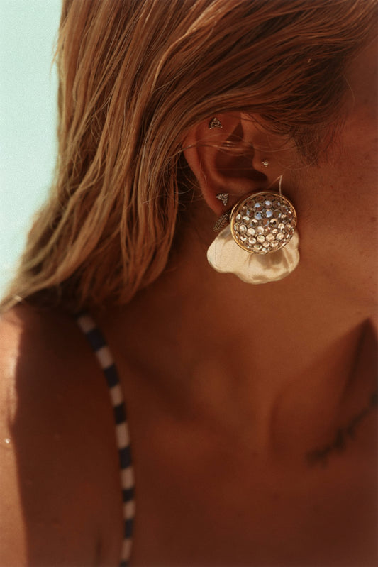 Crystal Dome Clip-On Earrings with Pearl-Like Petal Base|Vintage Baazaar 