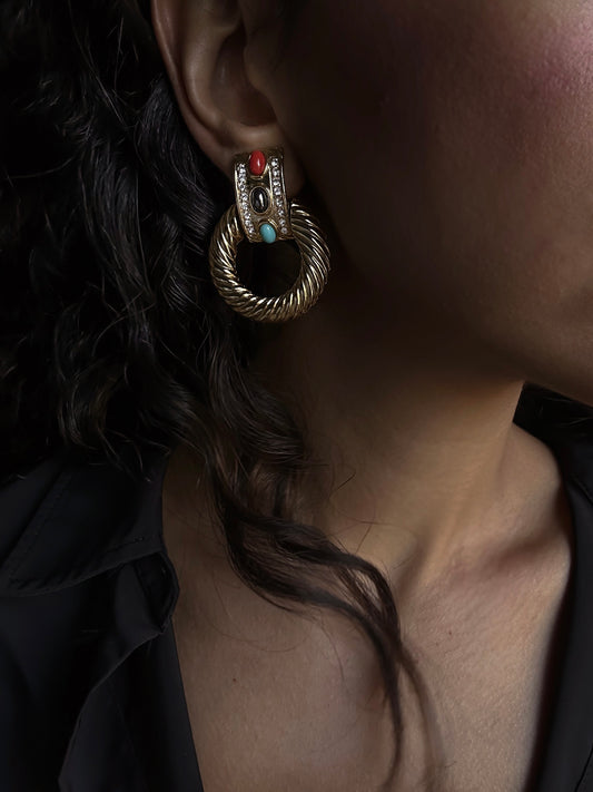 Turquoise & Coral Twisted Hoop Earrings|Vintage Baazaar 
