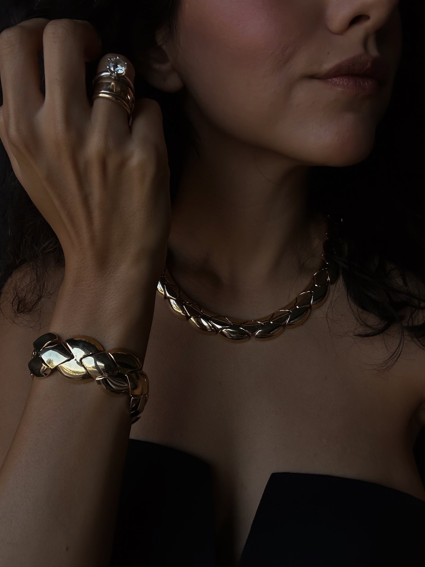 Gold Tone Segmented Snake set Necklace & Bracelet|Vintage Baazaar 
