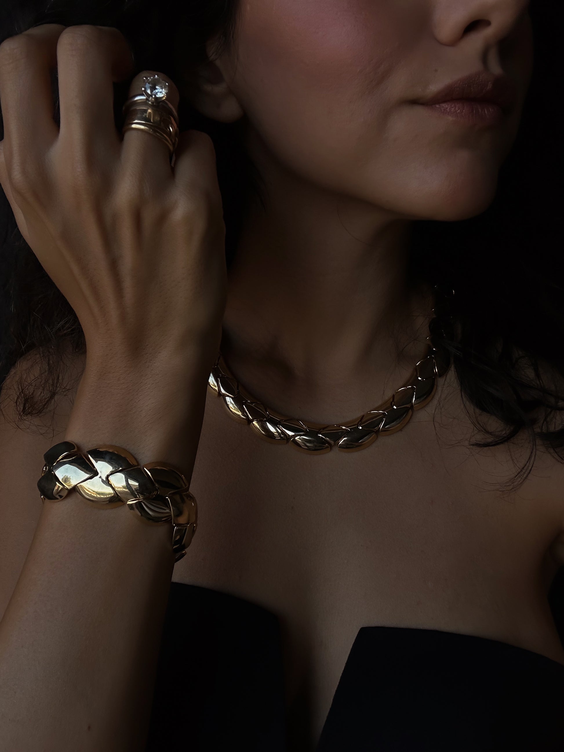 Gold Tone Segmented Snake set Necklace & Bracelet|Vintage Baazaar 