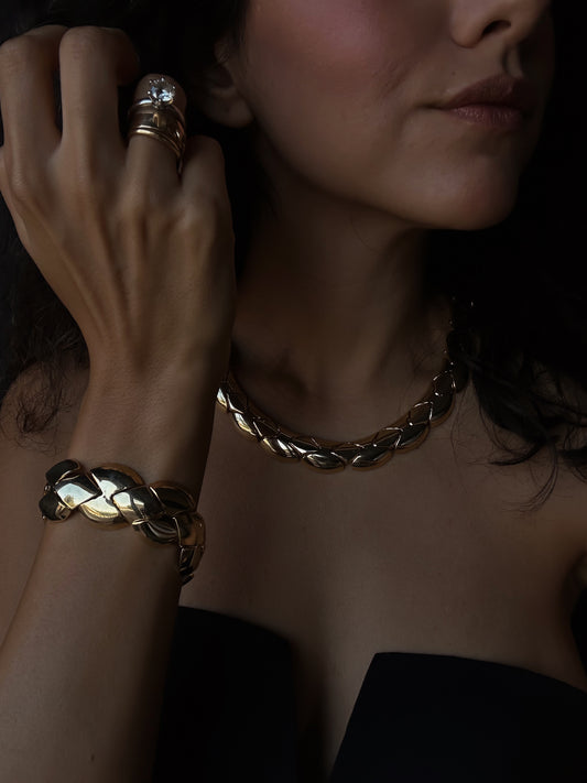 Gold Tone Segmented Snake set Necklace & Bracelet|Vintage Baazaar 