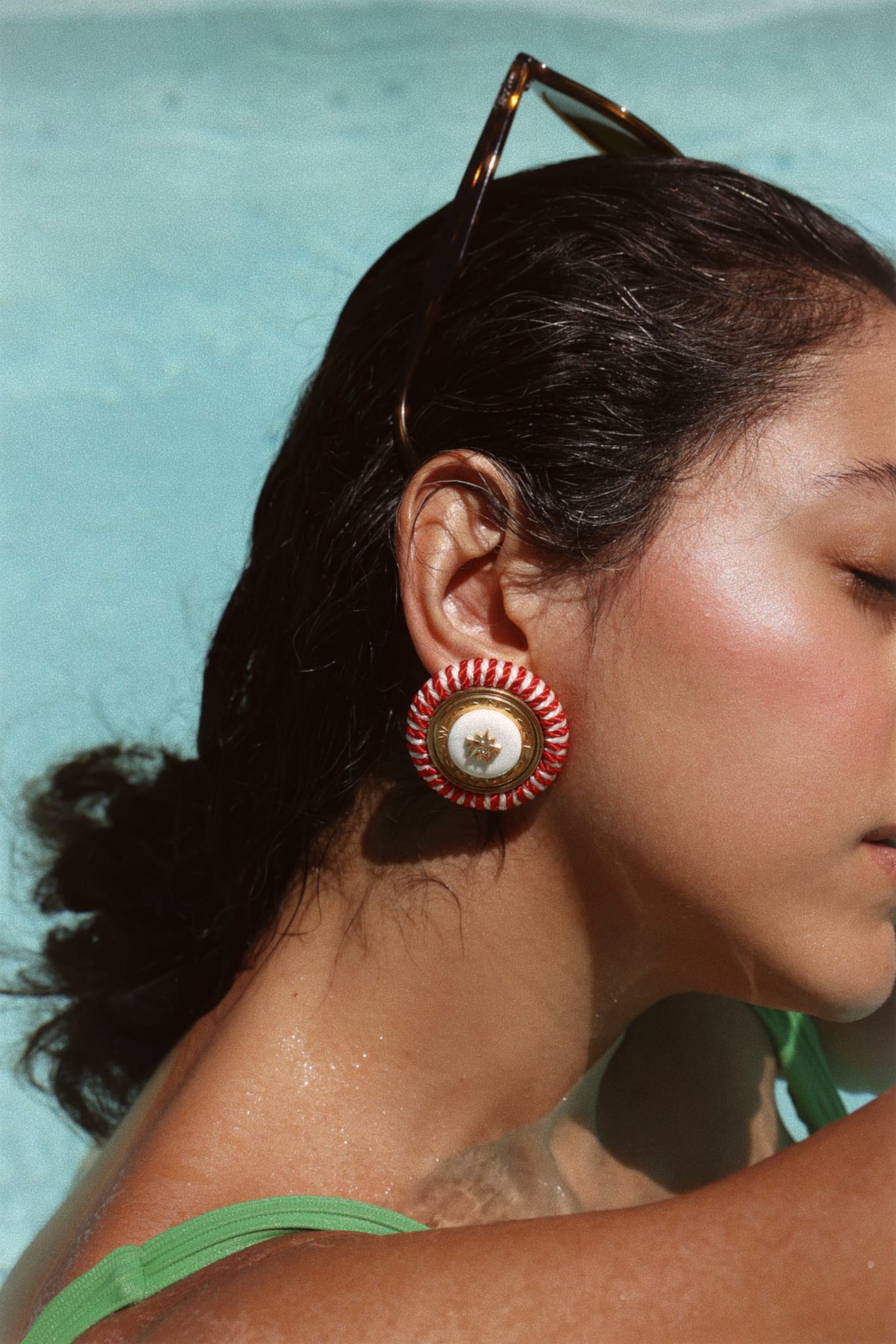 Red & White Woven Clip-On Earrings with Starburst Center|Vintage Baazaar 