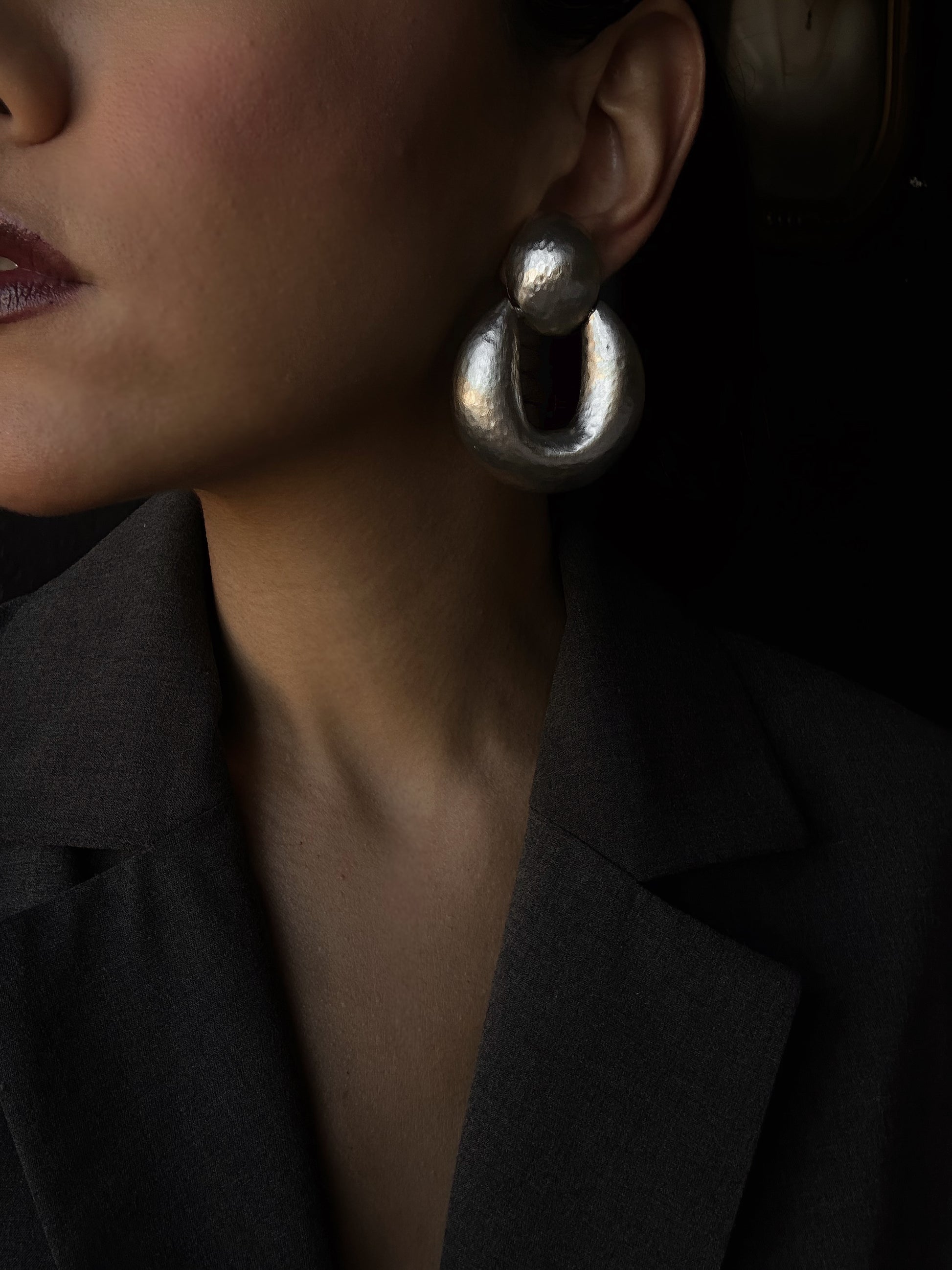 Silver Tone Hammered U-Shaped Earrings|Vintage Baazaar 