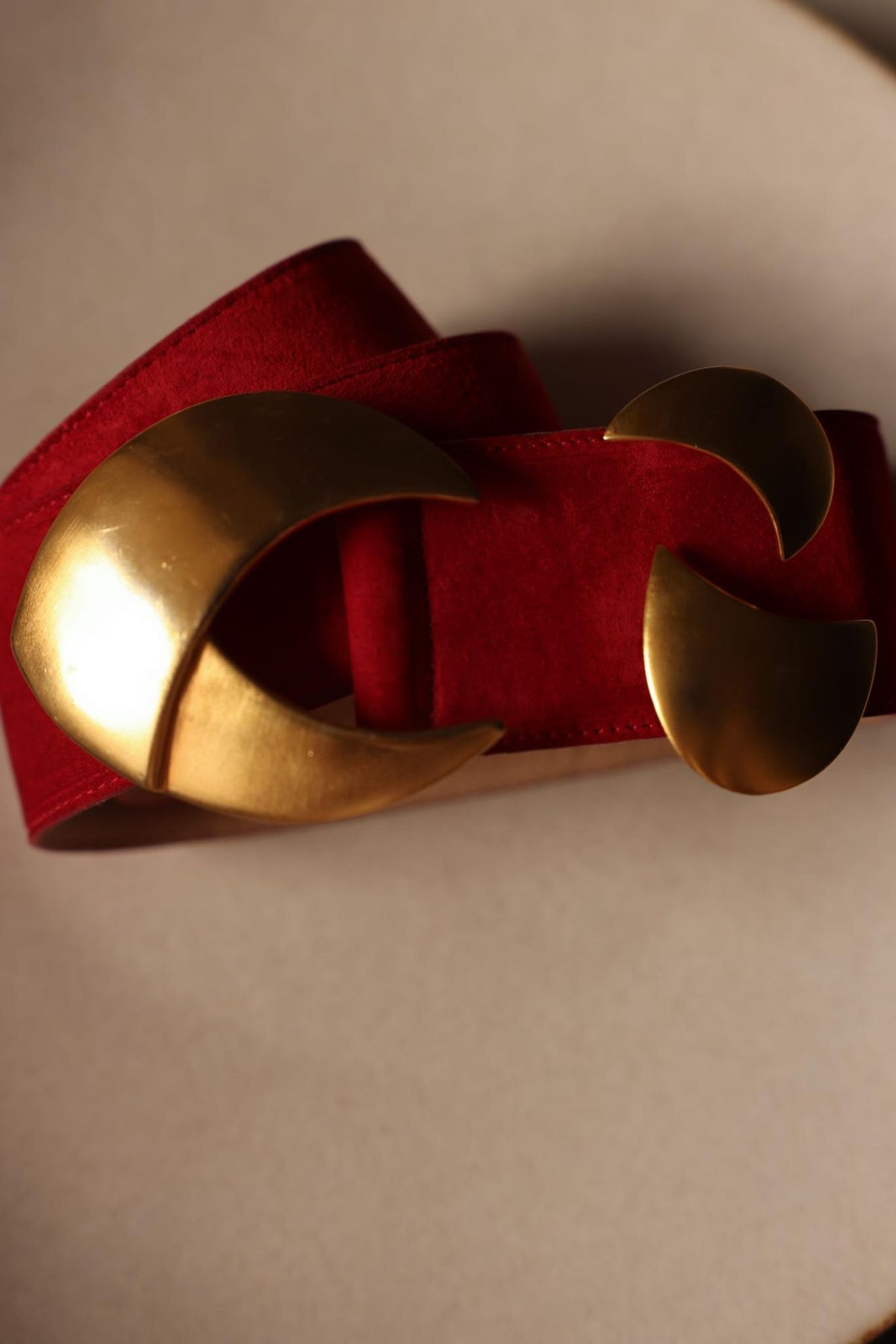 Adrienne Vittadini red suede belt with matte gold tone crescent buckle